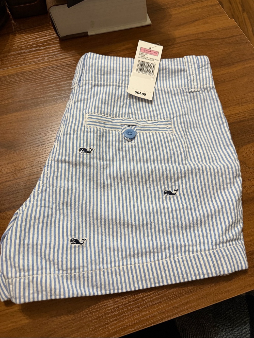 Vineyard Vines Blue and White Striped Cotton Shorts with Whale Embroidery
